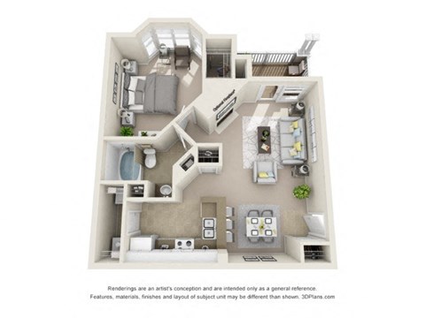 Floor plan for 1 bed, 1 bath, 767 sqft